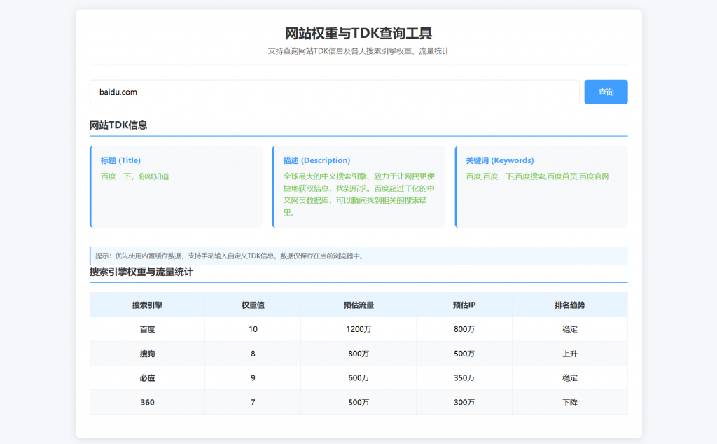 站长工具SEO查询支持TDK信息获取以及权重信息获取-逍遥资源网